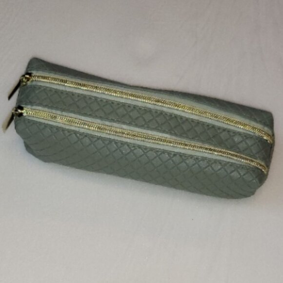 Storage Pouch Dual Compartment Geometric Textured Green Gold Zippers - Picture 2 of 5